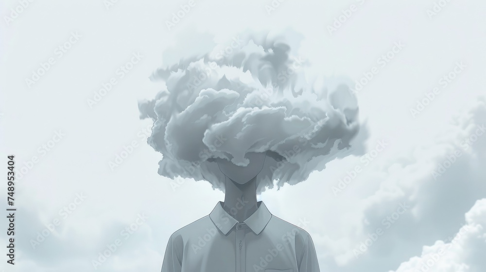 Person with cloud head against sky background - A surreal conceptual image featuring a person with a cloud for a head, portraying thoughts and dreams Person with cloud head against sky background - A surreal conceptual image featuring a person with a cloud for a head, portraying thoughts and dreams