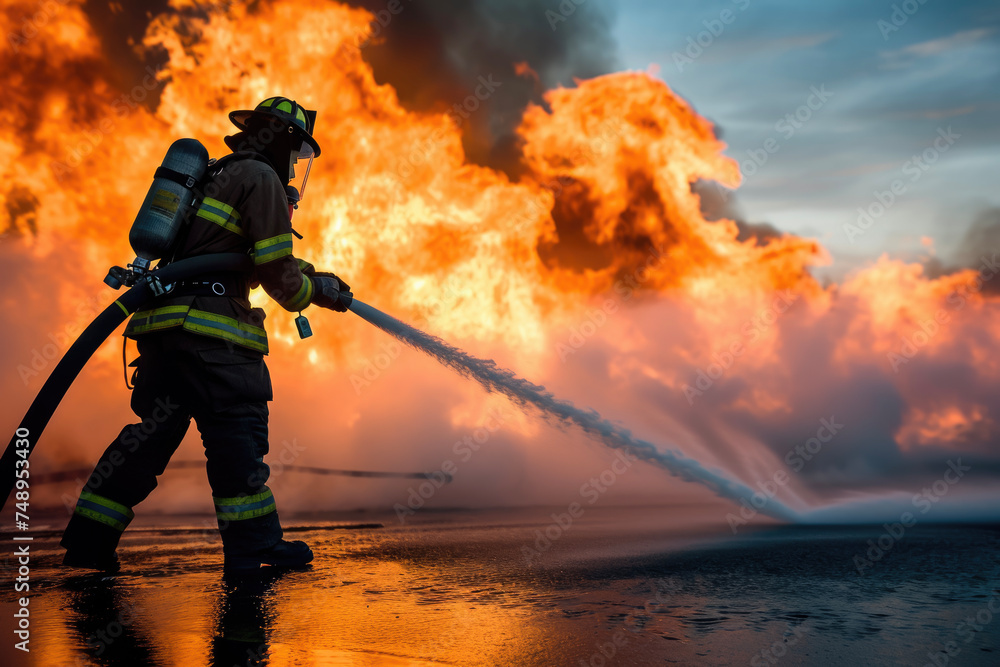 A firefighter with a hose and a fire