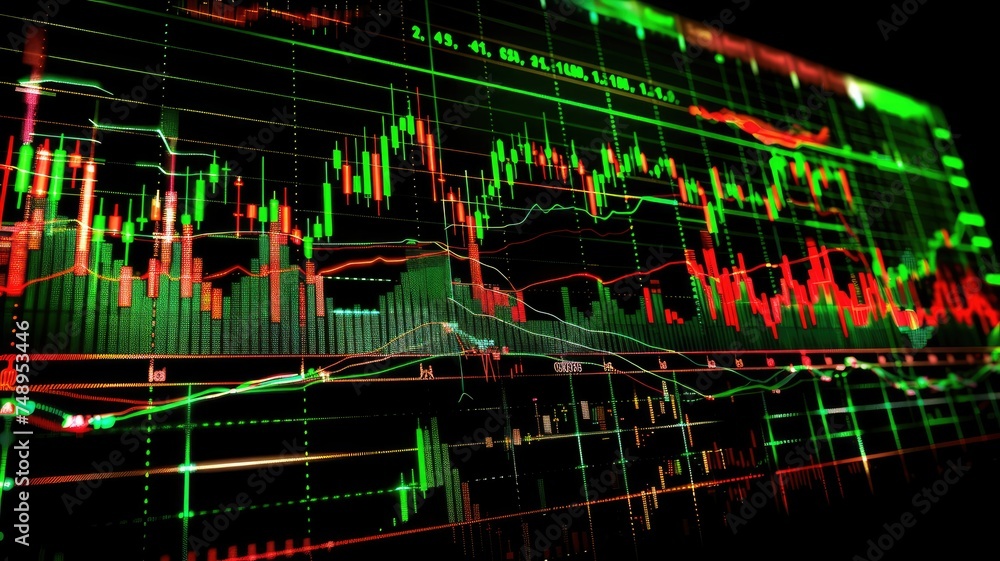 Fluorescent digital stock market chart analysis - A vibrant display of swirling stock market charts and graphs, showcasing the energetic pulse of financial markets Fluorescent digital stock market chart analysis - A vibrant display of swirling stock market charts and graphs, showcasing the energetic pulse of financial markets