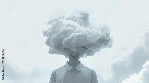 Person with cloud head against sky background - A surreal conceptual image featuring a person with a cloud for a head, portraying thoughts and dreams photo