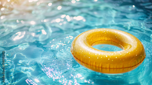 Bright yellow float in the crystal clear water surface of a swimming pool. holiday and summer vacation concept.