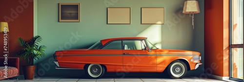 Vintage car parked in a retro living room - A stylish image of a classic orange vintage car complementing a retro mid-century modern living room photo