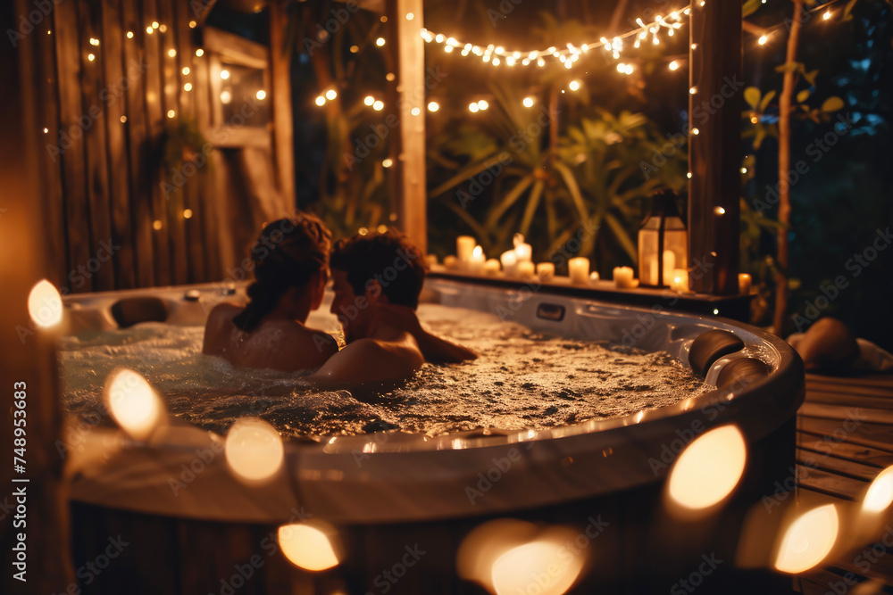 A couple relaxing in a hot tub with bubbles and candles A couple relaxing in a hot tub with bubbles and candles