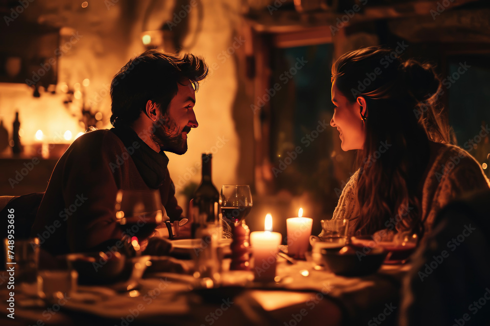 A couple having a romantic dinner with candles and wine A couple having a romantic dinner with candles and wine