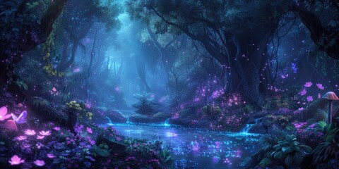 An enchanted forest with magical creatures, glowing plants, ancient trees, a hidden fairy village, mystical ambiance. Resplendent.