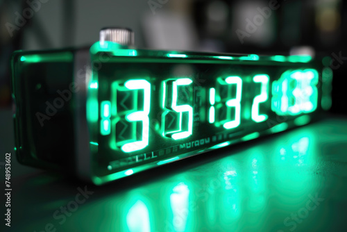 A digital clock with numbers and a green display