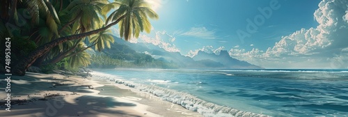 Tropical beach with clear sky and palm trees - A serene beach scene with clear blue skies, gentle waves lapping the shore, and lush palm trees swaying in the wind © Tida