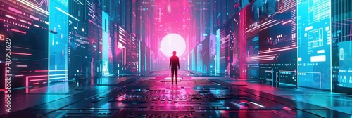 Futuristic digital cityscape with a mysterious figure - A neon-drenched digital metropolis with a silhouetted figure standing before a bright portal, depicting a sci-fi narrative photo