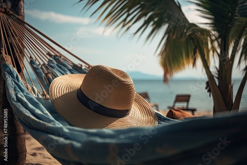 relaxing seaside holiday in hammock with hat and palm