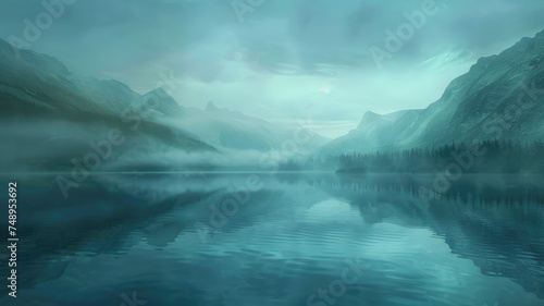 Serene misty mountain lake in twilight - A tranquil, mist-covered mountain lake under a twilight sky creates a dreamlike landscape