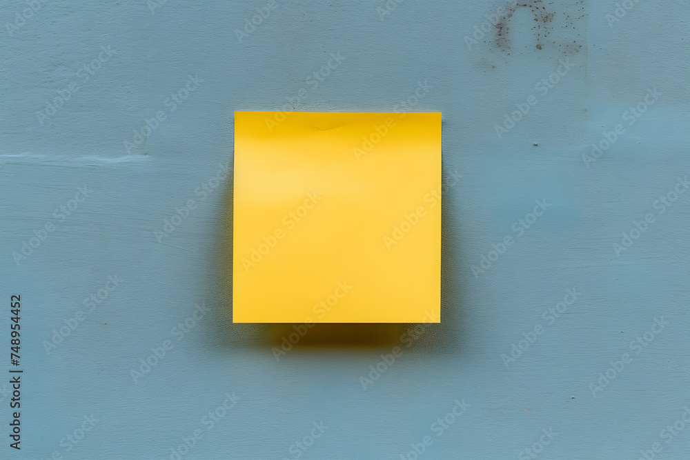 Yellow empty memo note pad stuck to blue wall Yellow empty memo note pad stuck to blue wall