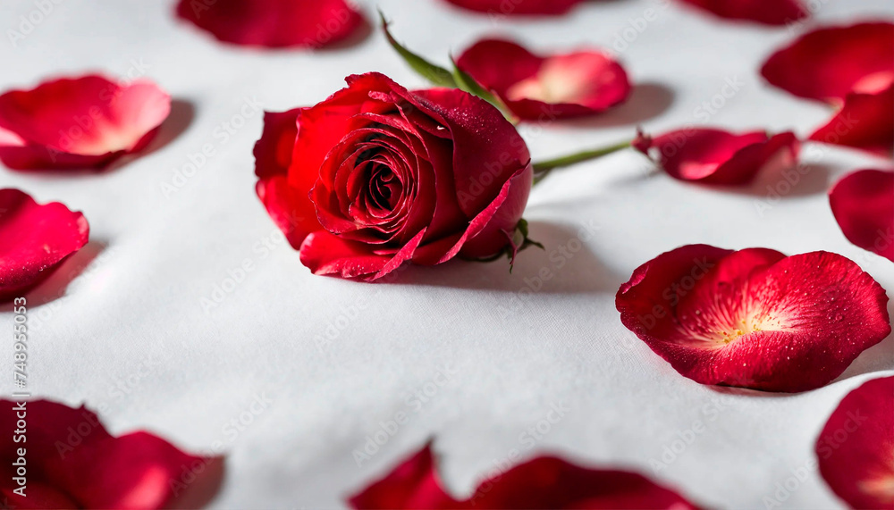 rose and rose petals on a white background. Selective focus. rose and rose petals on a white background. Selective focus.