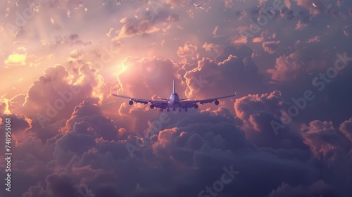 Passenger aircraft in mid-flight against a backdrop of a purple sunset sky, concept Airline advertising, travel by plane.