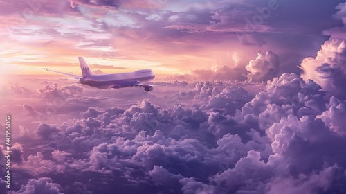 Airplane flying at high altitude with clouds during sunset, concept Airline advertising, travel by plane.