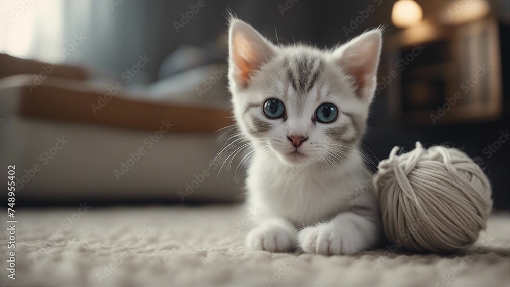 A perplexed gray and white kitten looking adorably confused next to a soft ball of yarn,   