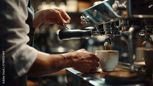 Barista preparing espresso in cafe - A skilled barista is meticulously preparing a fresh, aromatic espresso using a professional coffee machine in a cozy cafe setting