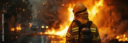 Firefighter facing massive blaze in action - A firefighter in full gear stands against a backdrop of enormous flames and flying sparks, capturing the intensity of firefighting photo
