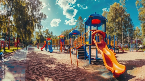 Large playground in city park, empty modern kids playground in summer. Panorama of urban area for children's games and sport. Scenic panoramic view of playing place in town. Scenery of gym outdoor. photo