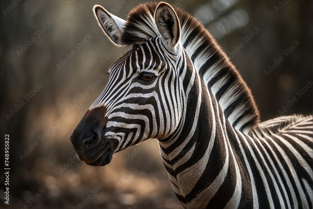 Naklejka premium Beautiful portrait of a zebra on the savanna background
