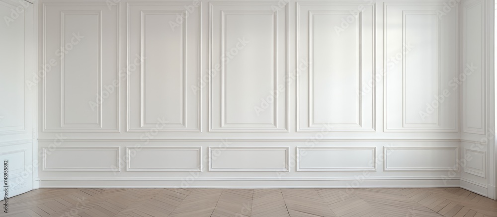A minimalist empty room with white walls and wooden floors. The room features built-in wardrobes with white sliding doors along one wall and white wooden carpentry. A minimalist empty room with white walls and wooden floors. The room features built-in wardrobes with white sliding doors along one wall and white wooden carpentry.