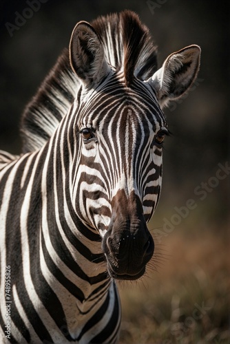 Beautiful portrait of a zebra on the savanna background
