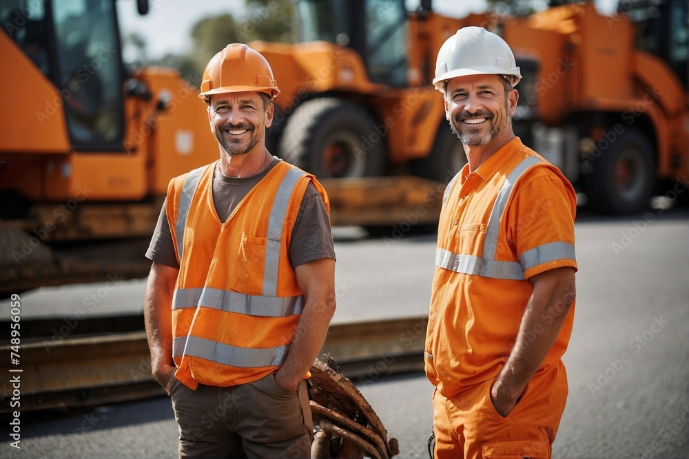 Smiling road worker in orange uniform: Professional smiling.
