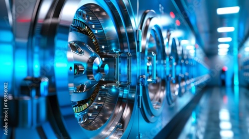 Close-up view of bank vault doors in a secure hallway with blue lighting and a person in the distance, concept secure lock, money protection, high-tech bank, photo