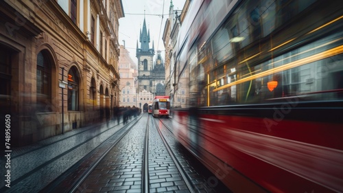 Dynamic image capturing the blur of a red tram in motion on cobblestone streets, with the iconic Gothic towers of Prague in the background on an overcast day.