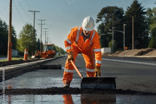 Road worker laying asphalt: Man in orange uniform.