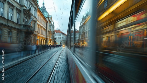 Dynamic image capturing the blur of a red tram in motion on cobblestone streets, with the iconic Gothic towers of Prague in the background on an overcast day.