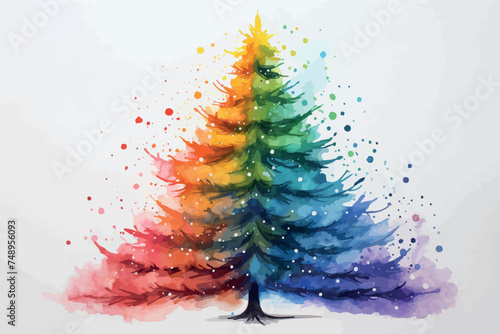 Watercolor Christmas Pine tree on white background