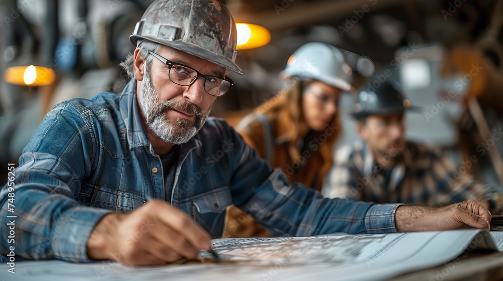 a man wearing a hard hat and glasses is sitting at a table looking at a blueprint - obrazy, fototapety, plakaty 