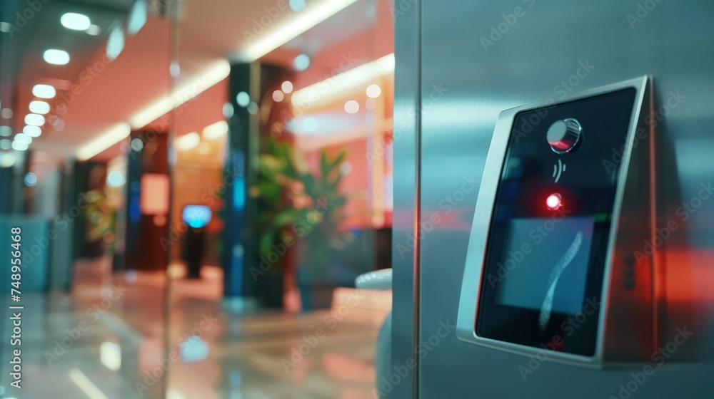 Security access control panel with red light in a modern office hallway, concept control system,entry control Security access control panel with red light in a modern office hallway, concept control system,entry control