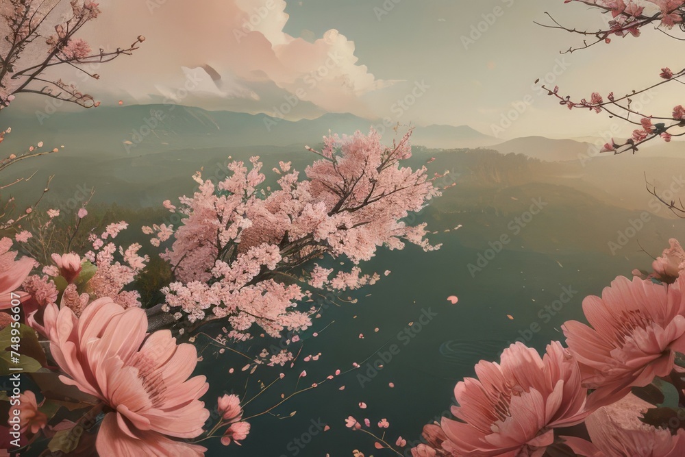 pink sakura tree in the garden.gentle lake. warm shades of pink.