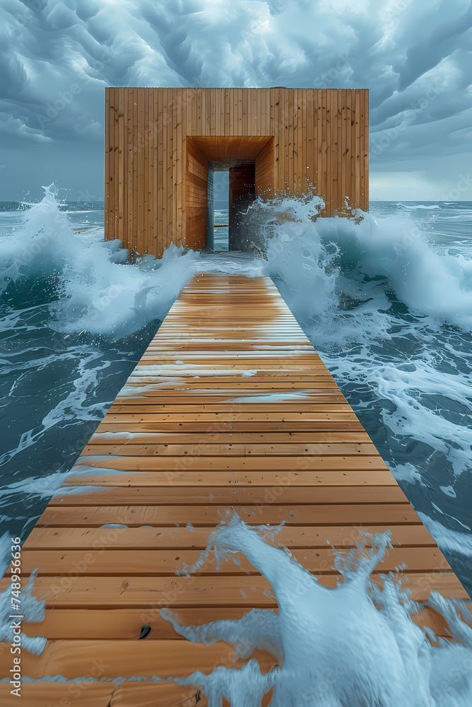 Structure moderne en bois face à l'assaut des vagues - obrazy, fototapety, plakaty 
