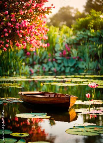 boat on the river with flowers. Selective focus. photo