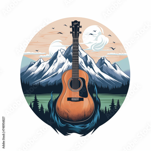 Ilustration of an acoustic guitar with Mountain in background