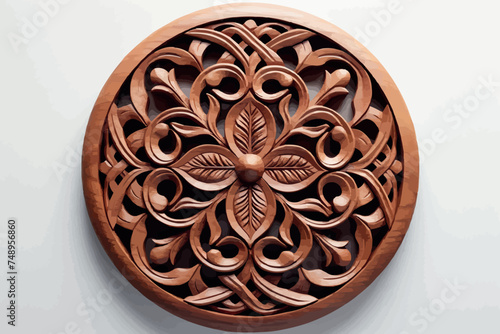 fine wood carving art. Round shape Islamic Geometric Pattern engraved on wood isolated over white background.Islamic Architecture.