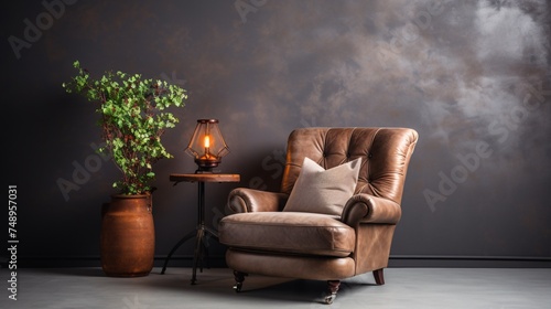 a brown leather chair next to a plant