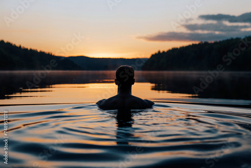 Man floating in a tranquil lake at dawn  embodying serenity and introspection in perfect solitude amidst nature.  