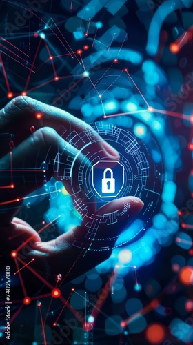 Close-up of a hand interacting with a futuristic cybersecurity interface with a padlock icon, concept cyber security technology, data protection