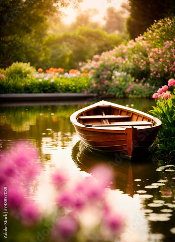 boat on the river with flowers. Selective focus. photo