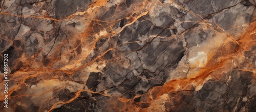 A detailed close-up view of a brown marble surface, showcasing its rustic texture and intricate patterns. © Lasvu