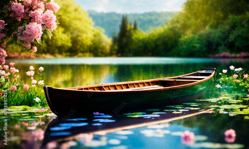 Fototapeta premium boat on the river with flowers. Selective focus.