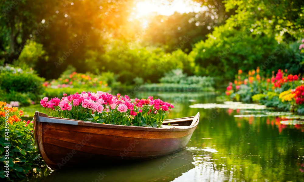 boat on the river with flowers. Selective focus.