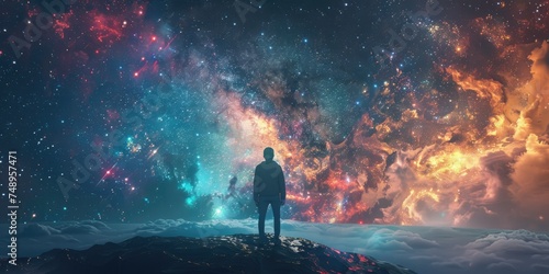 Man standing before cosmic space - A solitary figure stands contemplating the vastness of the universe, filled with stars, galaxies, and nebulae