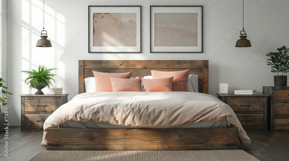 Interior design of modern bright bedroom with a large wooden bed with light peach pillows, wooden bedside tables and two paintings on the wall in delicate shades, front view