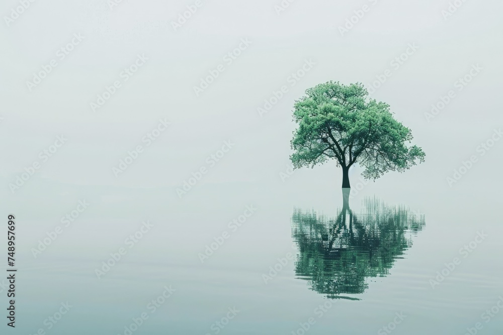 Solitary tree in misty waterscape - A lone tree stands in the center of a serene water body, reflected perfectly in the calm waters against a hazy backdrop Solitary tree in misty waterscape - A lone tree stands in the center of a serene water body, reflected perfectly in the calm waters against a hazy backdrop
