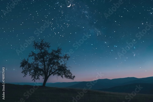 Starry night sky with crescent moon above tree - A serene night sky with stars and a crescent moon gently illuminated above a solitary tree on a hill