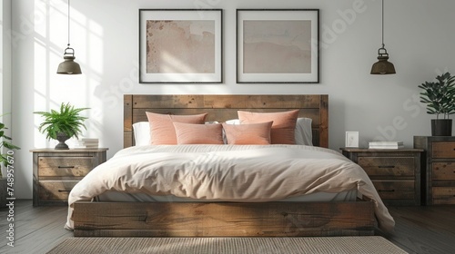 Interior design of modern bright bedroom with a large wooden bed with light peach pillows  wooden bedside tables and two paintings on the wall in delicate shades  front view